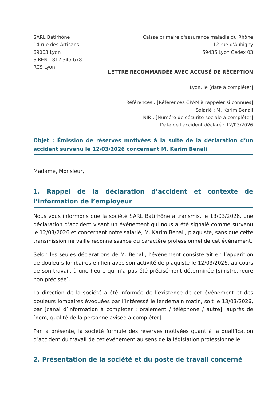 Première page du courrier de réserves motivées produit par GérerMesATMP : en-tête SARL Batirhône, destinataire CPAM du Rhône, lettre recommandée avec accusé de réception, objet et premier paragraphe rappelant que la transmission de la déclaration ne vaut pas reconnaissance